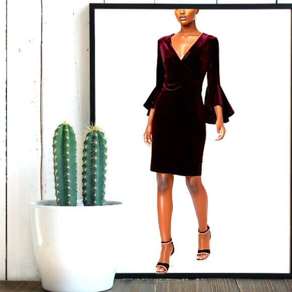 Calvin Klein Plum Purple Velvet Flare Bell Sleeve Warp Knee Length Dress… - Picture 2 of 8